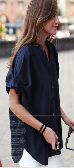 Little Stand V-neck Pure Color Short Sleeves Sexy Blouse - May Your Fashion - 1