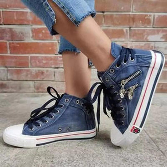 Women Denim High-Top Back Lace-UP Design Canvas Sneakers Shoes