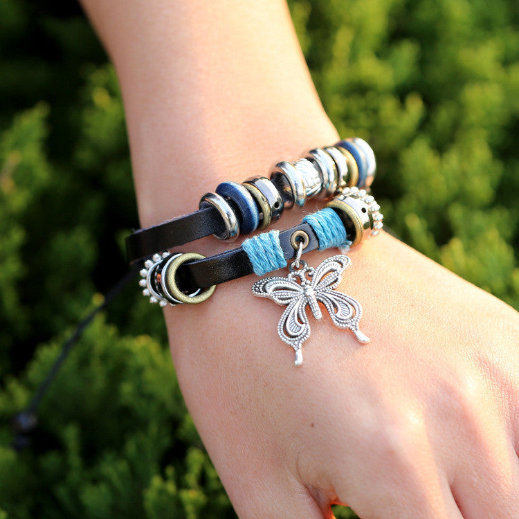 Butterfly Pendant Beaded Leather Bracelet