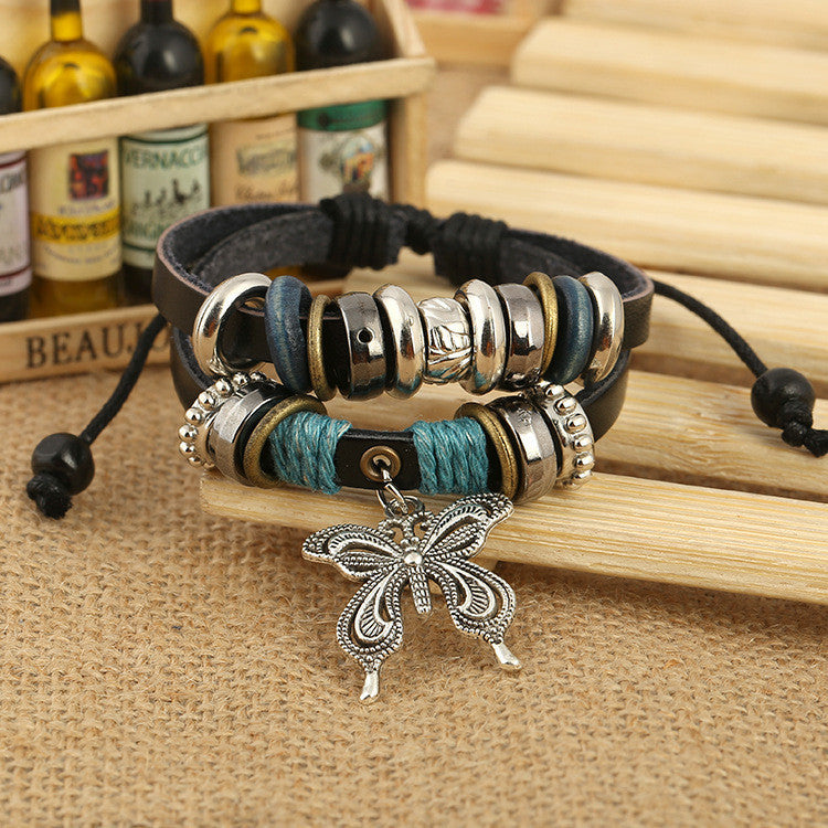 Butterfly Pendant Beaded Leather Bracelet