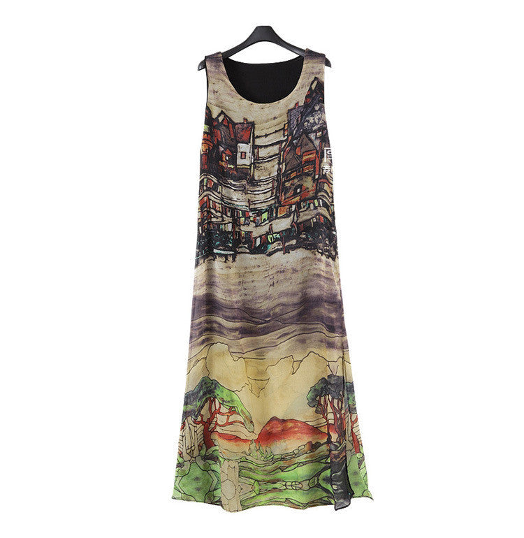 Chiffon Print Sleeveless Split Hems Dress