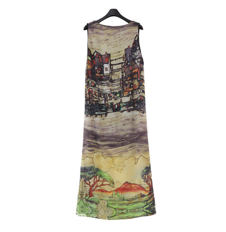Chiffon Print Sleeveless Split Hems Dress