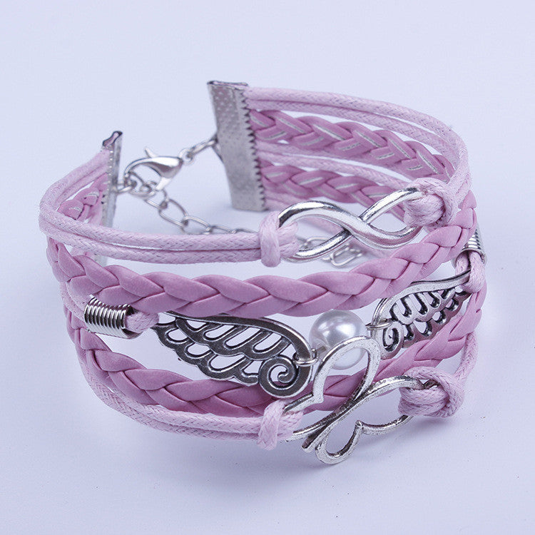 Romantic Pink Butterfly Hand-made Leather Cord Bracelet
