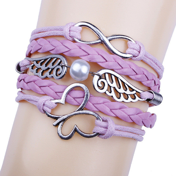 Romantic Pink Butterfly Hand-made Leather Cord Bracelet