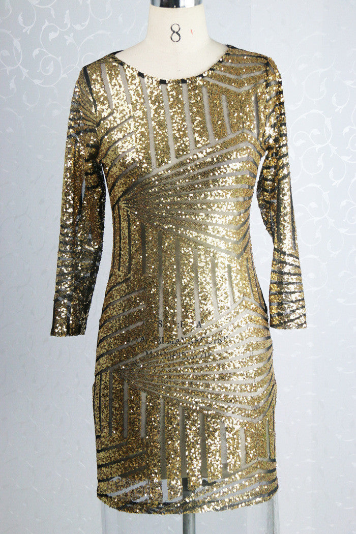 Scoop Splicing Sequins 3/4 Sleeve Bodycon Club Knee-length Dress