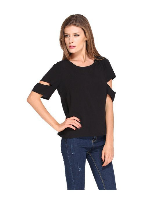 Scoop Short Sleeves Cutting Backless Split Chiffon Falbala Blouse