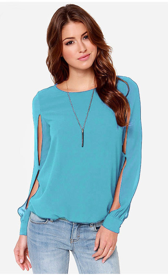 Scoop Long Sleeves Split Casual Chiffon Blouse - May Your Fashion - 5