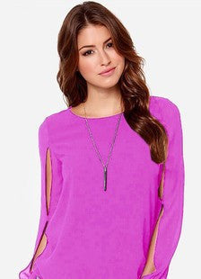 Scoop Long Sleeves Split Casual Chiffon Blouse - May Your Fashion - 7