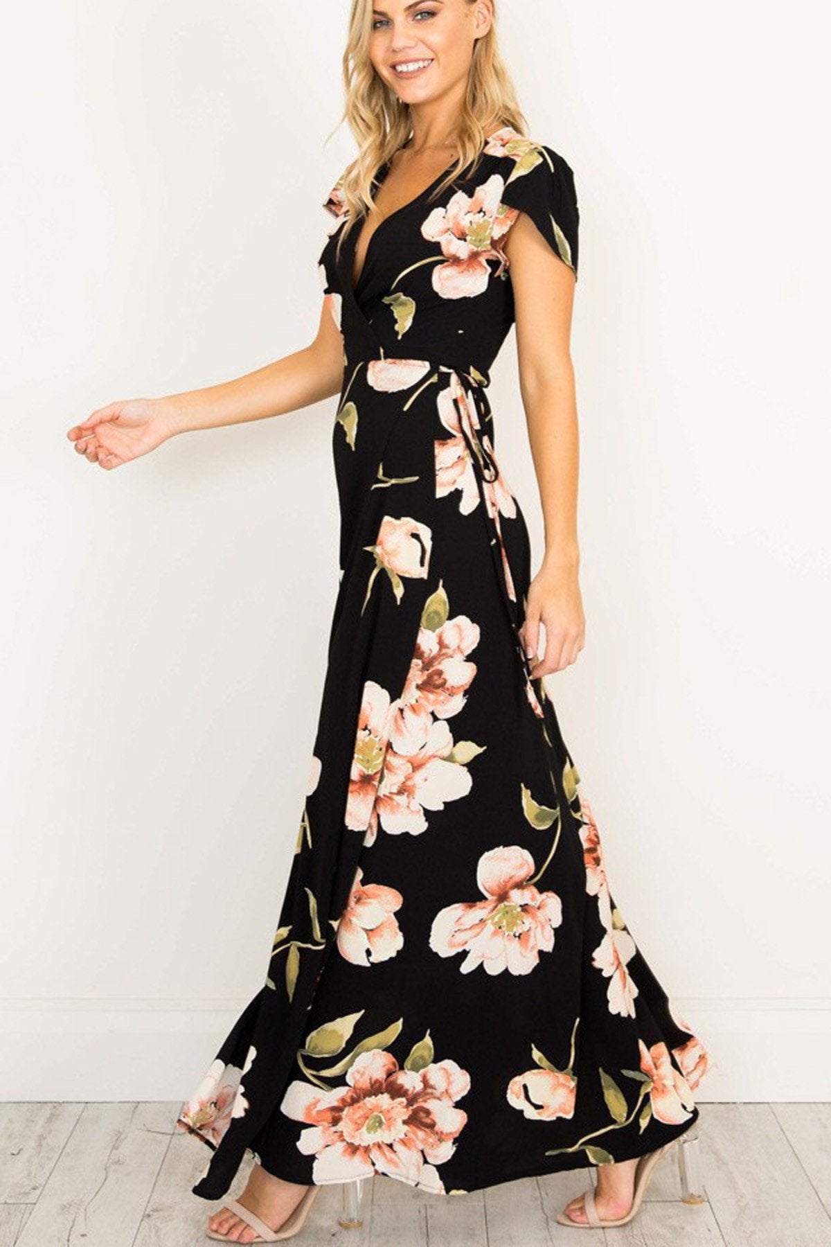 V-neck Flower Print Long Dress