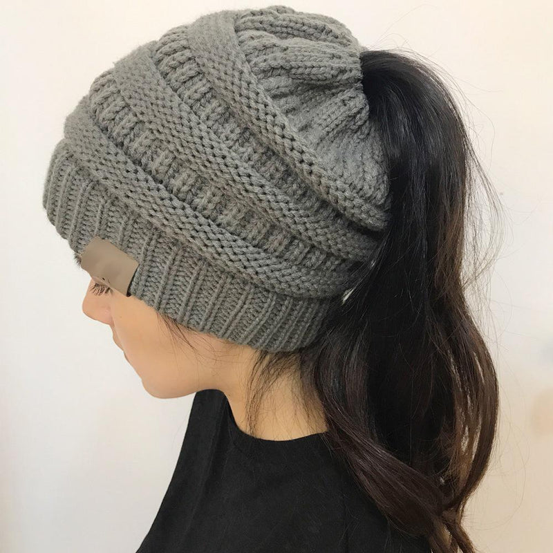 Women's Winter Outdoor Warm Wool Hat Empty Top Horsetail Knitted Hat