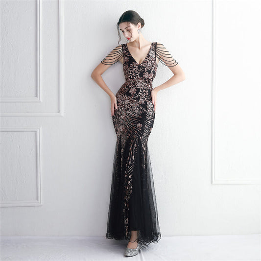 Sparkling Net Fabric Embroidery Long-Length Fishtail Dress