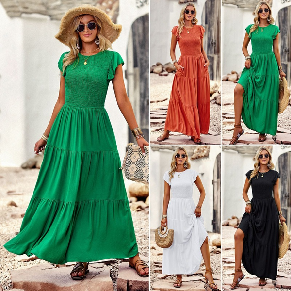 Summer Solid Round Neck Over-the-Knee Style Dress