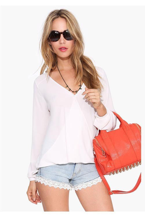 Deep V-neck Long Sleeves Chiffon Plus Size Blouse - May Your Fashion - 6