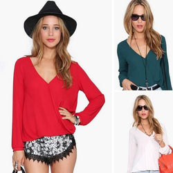 Deep V-neck Long Sleeves Chiffon Plus Size Blouse - May Your Fashion - 2