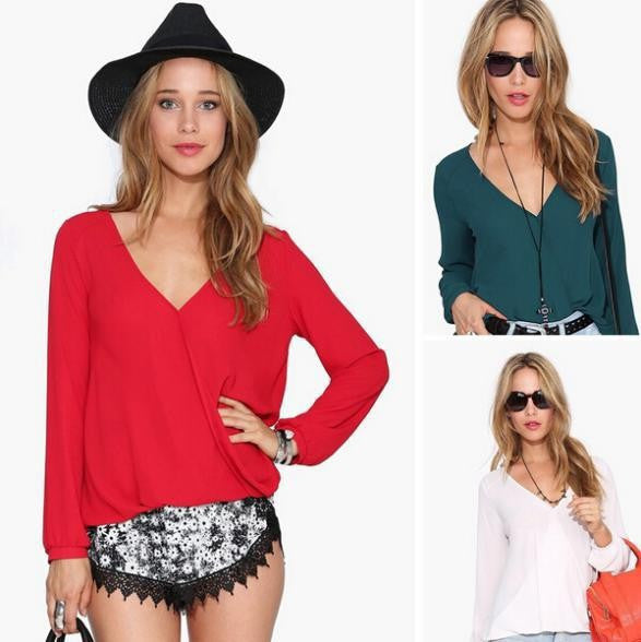 Deep V-neck Long Sleeves Chiffon Plus Size Blouse - May Your Fashion - 2