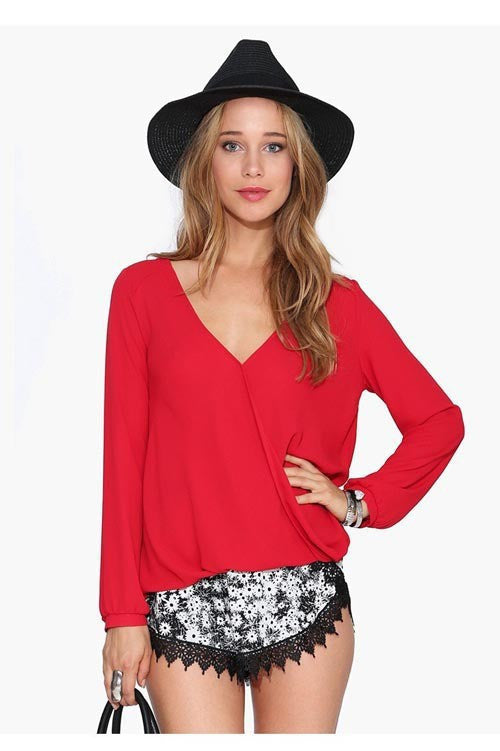 Deep V-neck Long Sleeves Chiffon Plus Size Blouse - May Your Fashion - 5