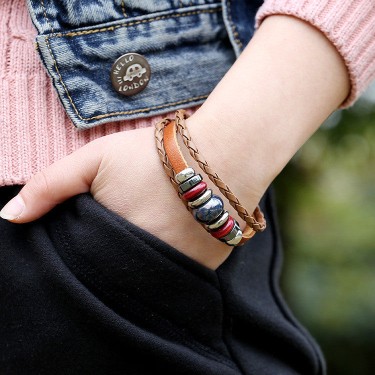 Hand-woven Multicolor Beaded Leather Bracelet