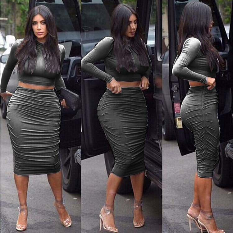 Scoop Long Sleeves Crop Top Bodycon Knee-length Winkle Skirt Dress Set