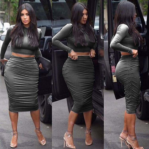 Scoop Long Sleeves Crop Top Bodycon Knee-length Winkle Skirt Dress Set