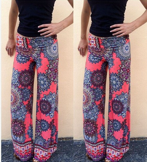Flower Print High Waist Straight Long Pants