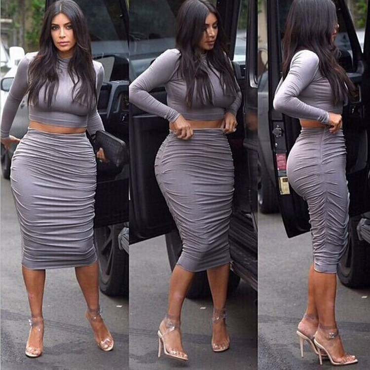 Scoop Long Sleeves Crop Top Bodycon Knee-length Winkle Skirt Dress Set