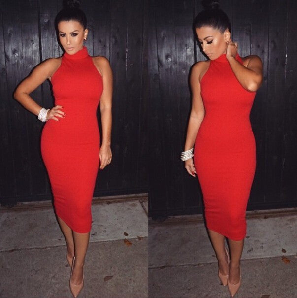 Fashion Sleeveless High Neck Long Bodycon Dress