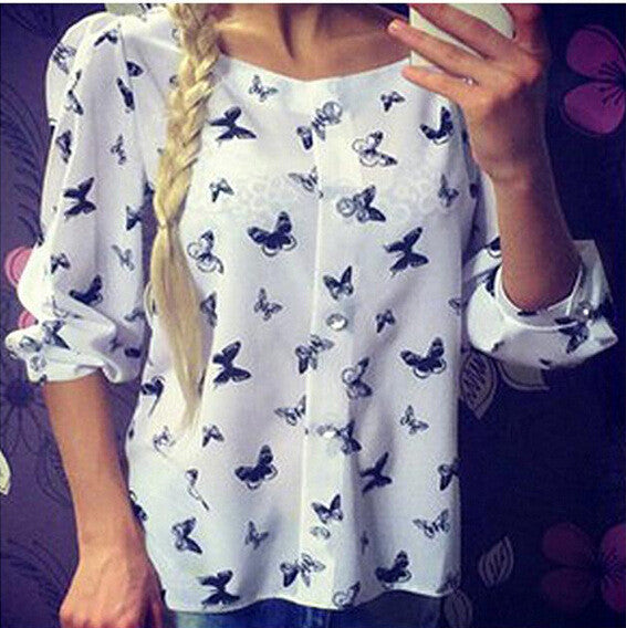 Scoop 1/2 Sleeves Flower Print Chiffon Fashion Blouse