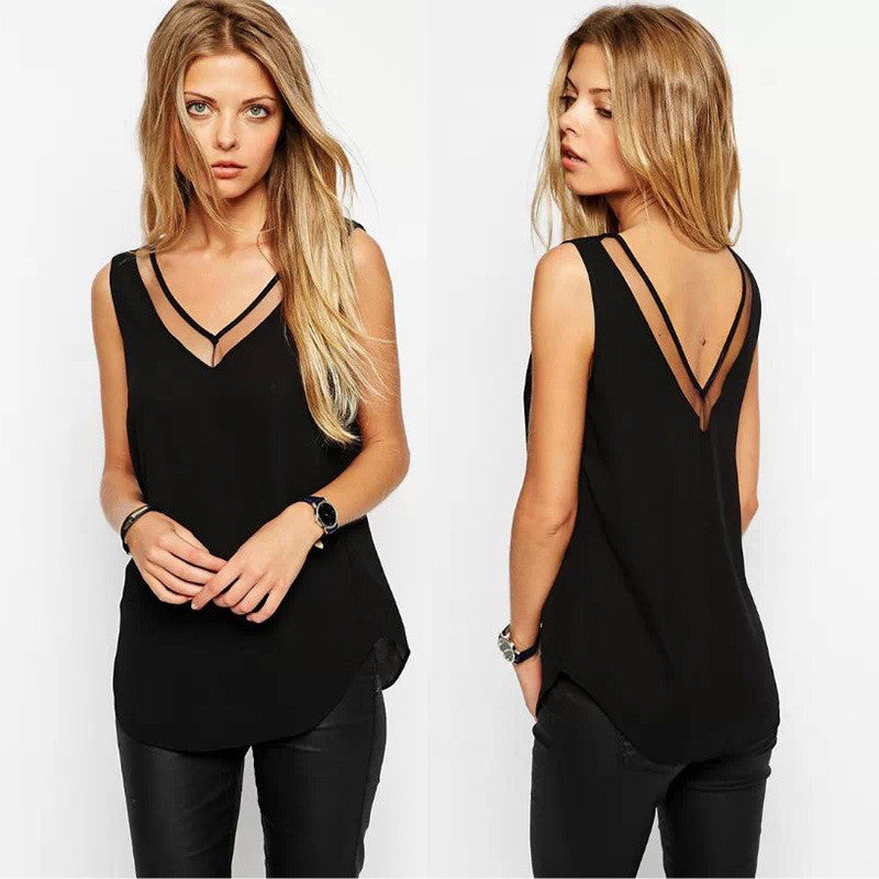 V-neck Sleeveless Gauze Patchwork Chiffon Sexy Blouse