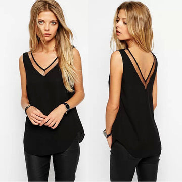 V-neck Sleeveless Gauze Patchwork Chiffon Sexy Blouse