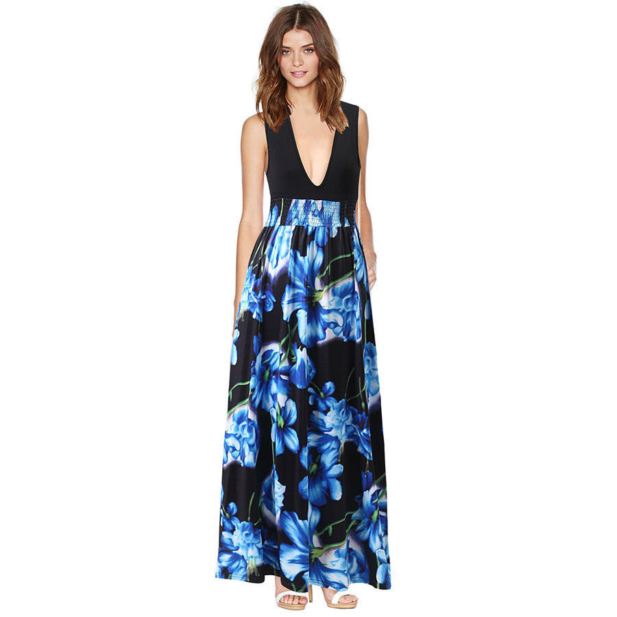Fashion Printing Princess Deep V-neck Sleeveless Dress