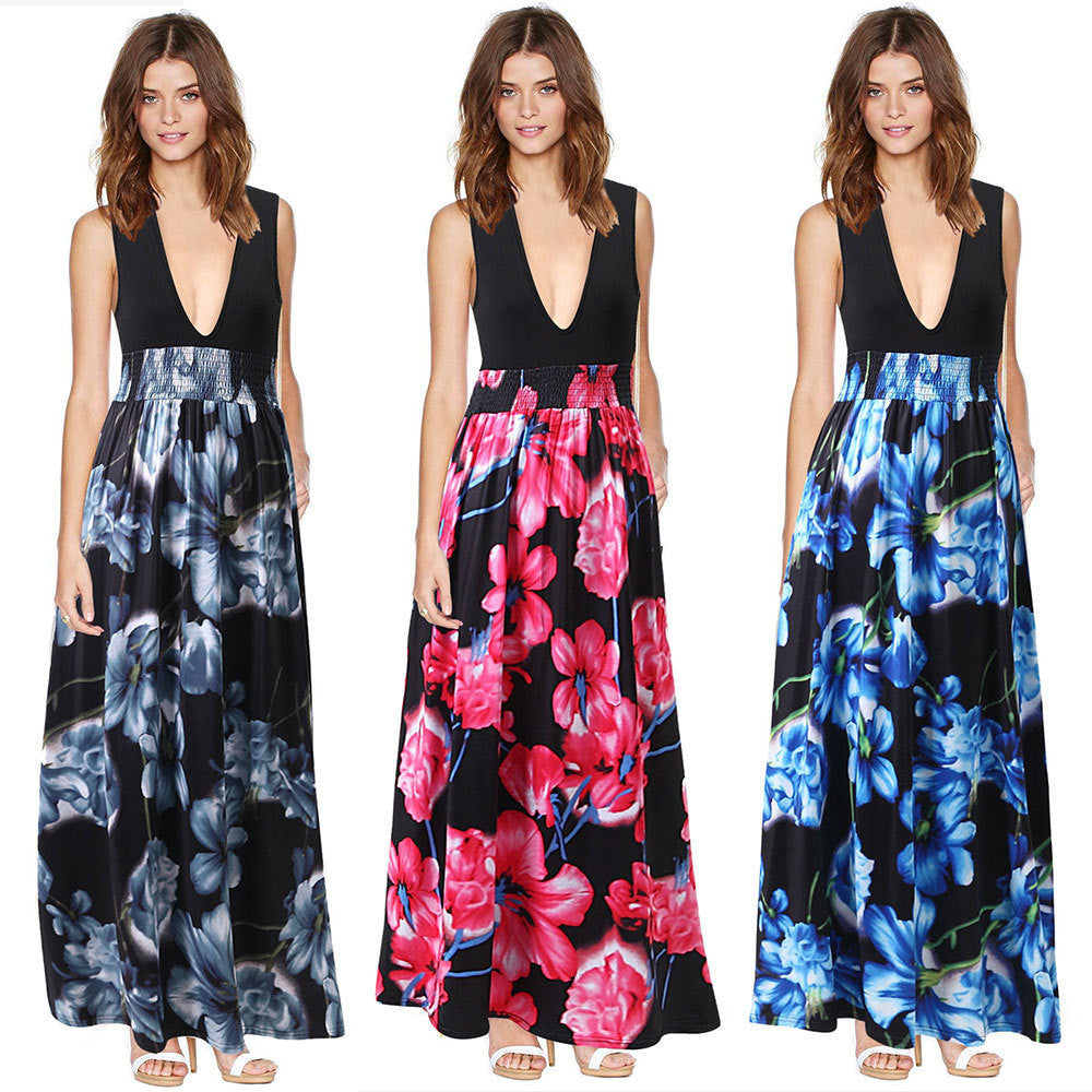 Fashion Printing Princess Deep V-neck Sleeveless Dress