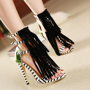 Tassels Open Toe Ankle Wrap Stiletto High Heels Sandals