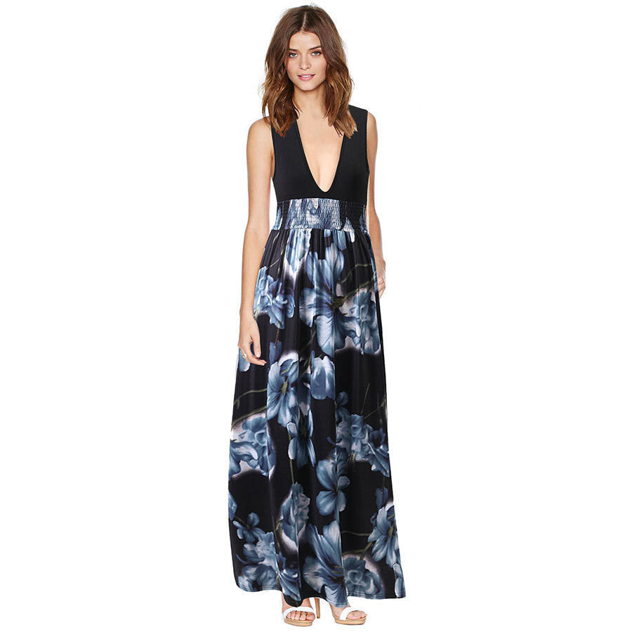 Fashion Printing Princess Deep V-neck Sleeveless Dress