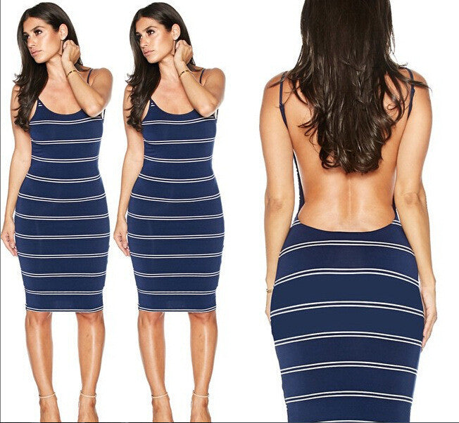 Backless Stripe Knee Length Bodycon Dress - May Your Fashion - 3