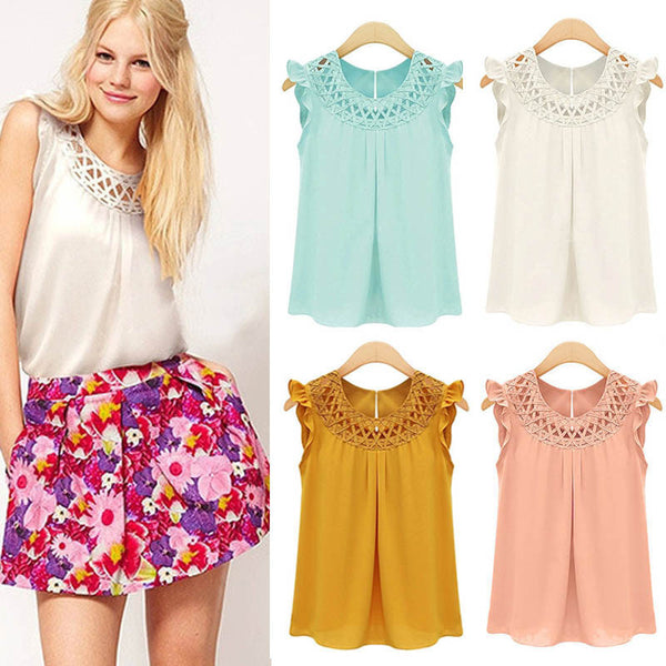 Hollow Sleeveless Casual Knit Scoop Chiffon Blouse - May Your Fashion - 3
