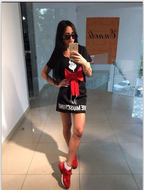 Print Bow O-neck Short Sleeve Short Dress - May Your Fashion - 1