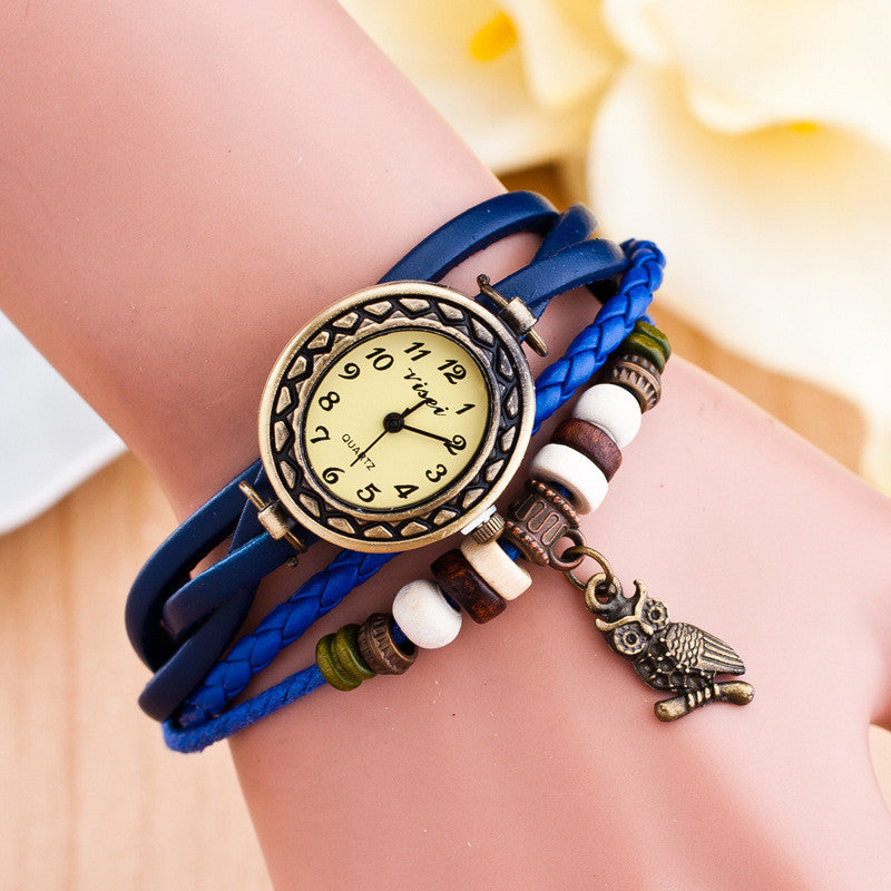 Retro Owl Pendant Woven Bracelet Watch