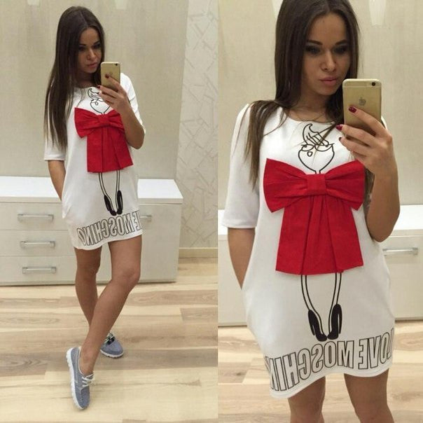 Print Bow O-neck Short Sleeve Short Dress - May Your Fashion - 2