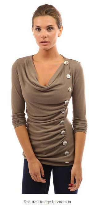 Scoop Long Sleeves Button Sheath Pure Color Blouse