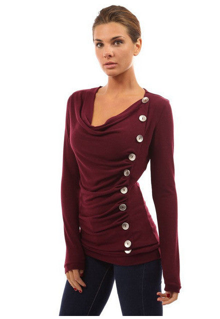 Scoop Long Sleeves Button Sheath Pure Color Blouse