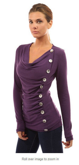 Scoop Long Sleeves Button Sheath Pure Color Blouse