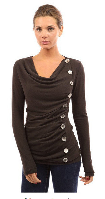 Scoop Long Sleeves Button Sheath Pure Color Blouse