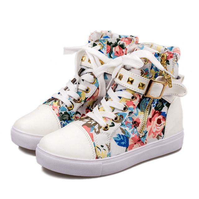 Cute Floral Print Skull Lace Up High Cut Women Sneakers - MeetYoursFashion - 5