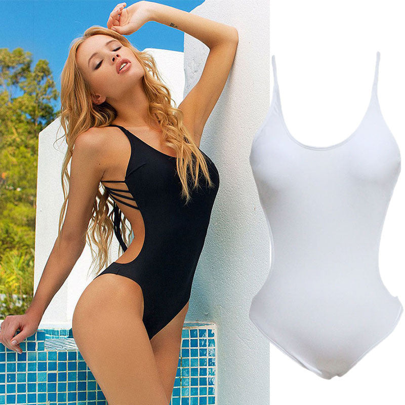 Pure Color Straps Back Scoop Neck One Piece Swimwear