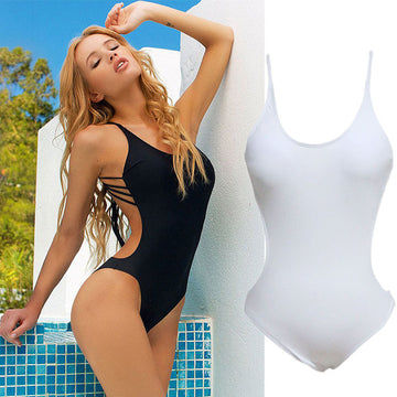 Pure Color Straps Back Scoop Neck One Piece Swimwear