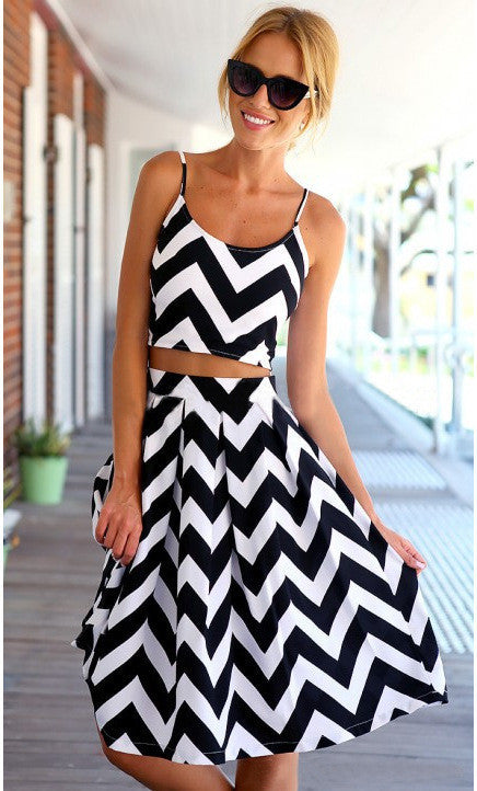 Striped Spaghetti Strap Crop Top Pleated Knee-length Skirt Dress Suit - May Your Fashion - 1
