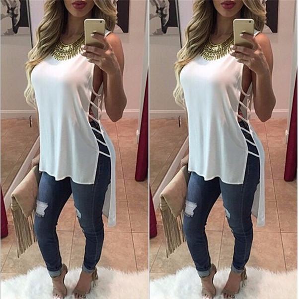Scoop Sleeveless Irregular Chiffon Bandage Blouse - Meet Yours Fashion - 2