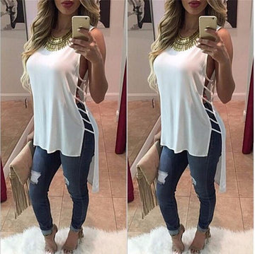 Scoop Sleeveless Irregular Chiffon Bandage Blouse - Meet Yours Fashion - 2