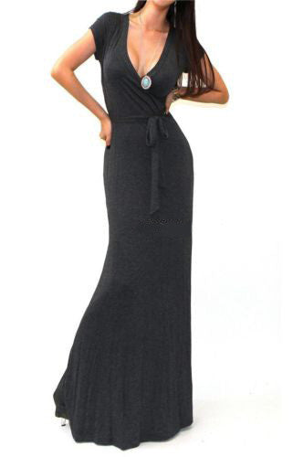 Slim V-neck Short Sleeve Floor Length Long Dress