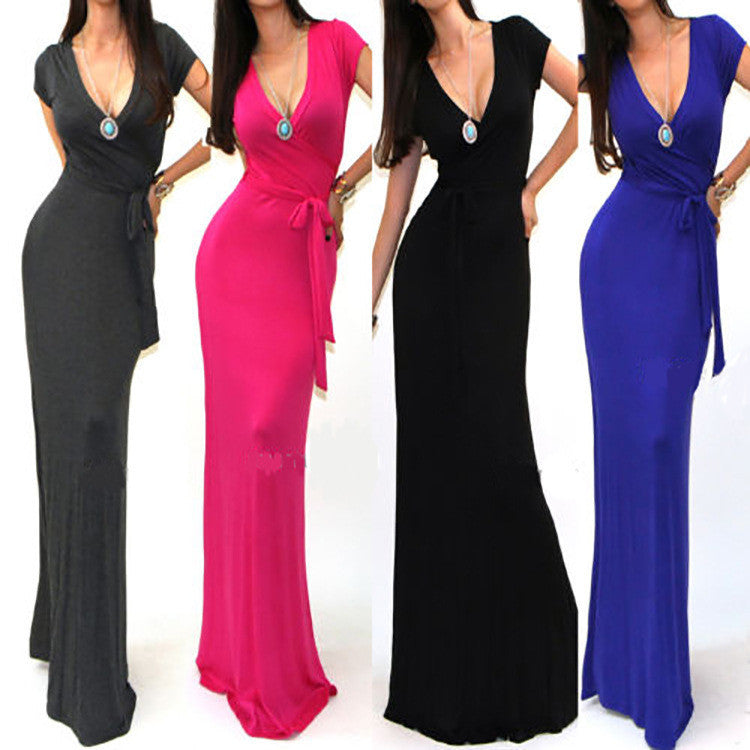 Slim V-neck Short Sleeve Floor Length Long Dress